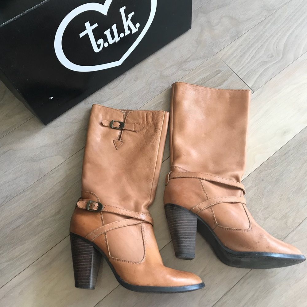 Beautiful Brown/Tan Leather TUK Heeled Boots 8.5